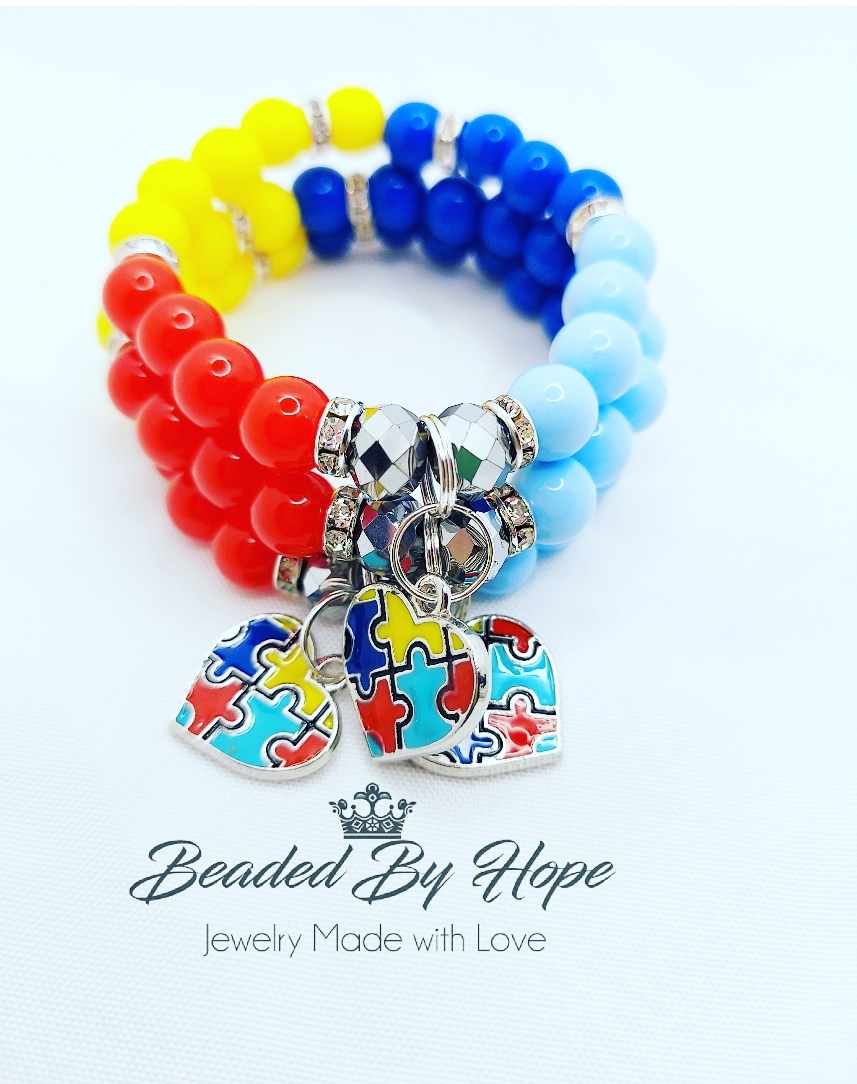 Autism Awareness Puzzle Piece With Heart Blue Jean Beaded Wrap Bracelet -  American Made Pewter Bracelets from Chubby Chico Charms
